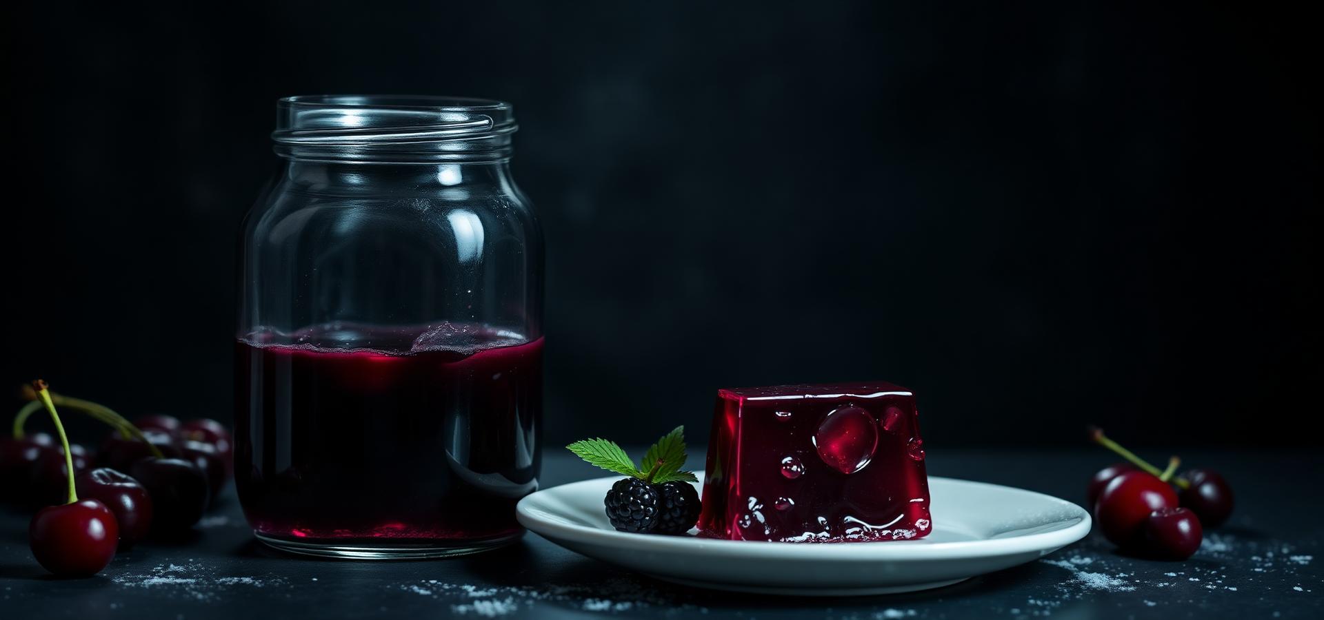 Frasco de gelatina de frutos rojos junto a un postre de gelatina servido en plato