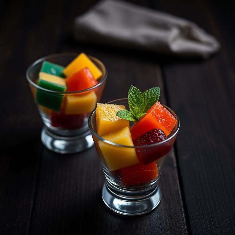 Cubos de gelatina de frutas en copas de vidrio