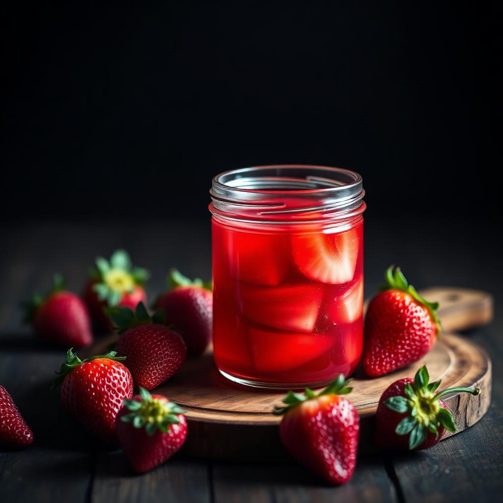Frasco de gelatina de fresa natural sin azúcar sobre tabla de madera